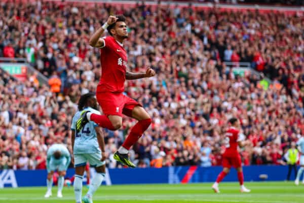 LIVERPOOL, ENGLAND - Saturday, August 19, 2023: Liverpool's Luis Díaz celebrates scoring their side's first goal making the score 1-1 during the FA Premier League match between Liverpool FC and AFC Bournemouth at Anfield. (Pic by David Rawcliffe/Propaganda)