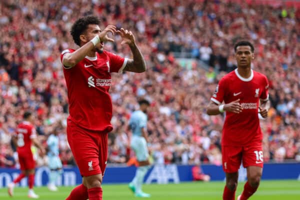 LIVERPOOL, ENGLAND - Saturday, August 19, 2023: Liverpool's Luis Díaz celebrates scoring their side's first goal making the score 1-1 during the FA Premier League match between Liverpool FC and AFC Bournemouth at Anfield. (Pic by David Rawcliffe/Propaganda)