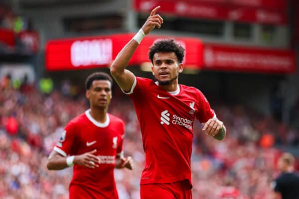 LIVERPOOL, ENGLAND - Saturday, August 19, 2023: Liverpool's Luis Díaz celebrates scoring their side's first goal making the score 1-1 during the FA Premier League match between Liverpool FC and AFC Bournemouth at Anfield. (Pic by David Rawcliffe/Propaganda)