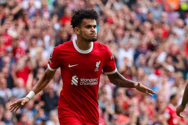 LIVERPOOL, ENGLAND - Saturday, August 19, 2023: Liverpool's Luis Díaz celebrates scoring their side's first goal making the score 1-1 during the FA Premier League match between Liverpool FC and AFC Bournemouth at Anfield. (Pic by David Rawcliffe/Propaganda)