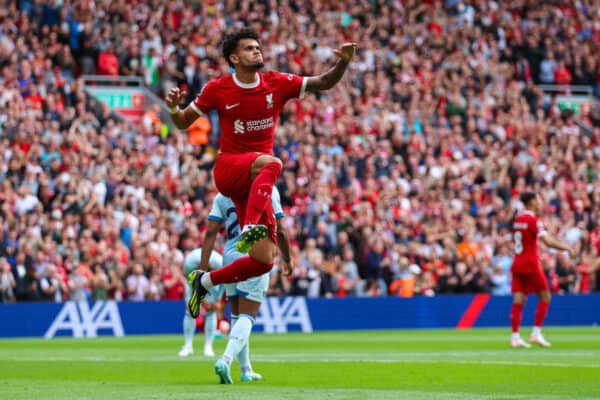 LIVERPOOL, ENGLAND - Saturday, August 19, 2023: Liverpool's Luis Díaz celebrates scoring their side's first goal making the score 1-1 during the FA Premier League match between Liverpool FC and AFC Bournemouth at Anfield. (Pic by David Rawcliffe/Propaganda)