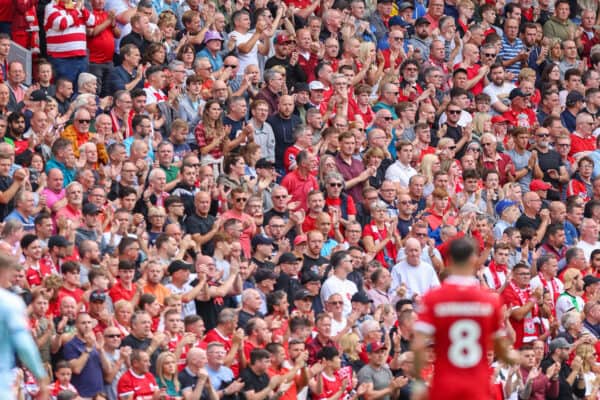 LIVERPOOL, ENGLAND - Saturday, August 19, 2023: Anfield stands to applaud life long Everton fan Michael Jones who sadly died whilst working at Everton's new stadium during the FA Premier League match between Liverpool FC and AFC Bournemouth at Anfield. (Pic by David Rawcliffe/Propaganda)