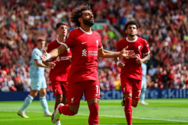 LIVERPOOL, ENGLAND - Saturday, August 19, 2023: Liverpool's Mohamed Salah celebrates after scoring their side's second goal during the FA Premier League match between Liverpool FC and AFC Bournemouth at Anfield. (Pic by David Rawcliffe/Propaganda)