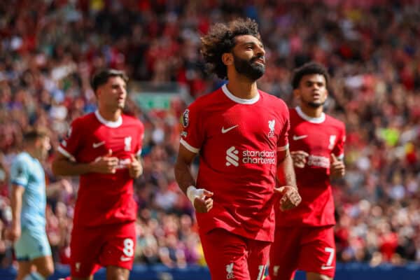 LIVERPOOL, ENGLAND - Saturday, August 19, 2023: Liverpool's Mohamed Salah celebrates after scoring their side's second goal during the FA Premier League match between Liverpool FC and AFC Bournemouth at Anfield. (Pic by David Rawcliffe/Propaganda)