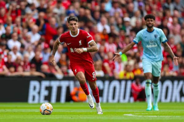 LIVERPOOL, ENGLAND - Saturday, August 19, 2023: Liverpool's Dominik Szoboszlai drives forward with the ball during the FA Premier League match between Liverpool FC and AFC Bournemouth at Anfield. (Pic by David Rawcliffe/Propaganda)