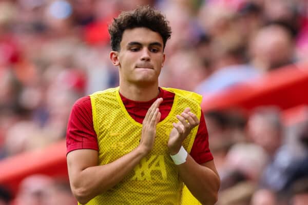 LIVERPOOL, ENGLAND - Saturday, August 19, 2023: Liverpool's Stefan Bajcetic warms-up during the FA Premier League match between Liverpool FC and AFC Bournemouth at Anfield. (Pic by David Rawcliffe/Propaganda)