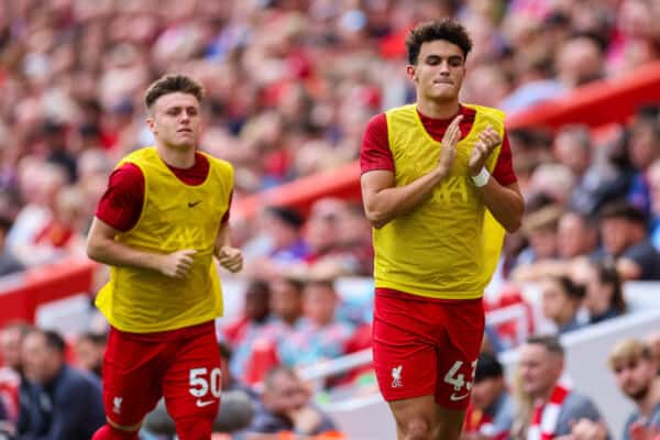 LIVERPOOL, ENGLAND - Saturday, August 19, 2023: Liverpool's Stefan Bajcetic warms-up during the FA Premier League match between Liverpool FC and AFC Bournemouth at Anfield. (Pic by David Rawcliffe/Propaganda)