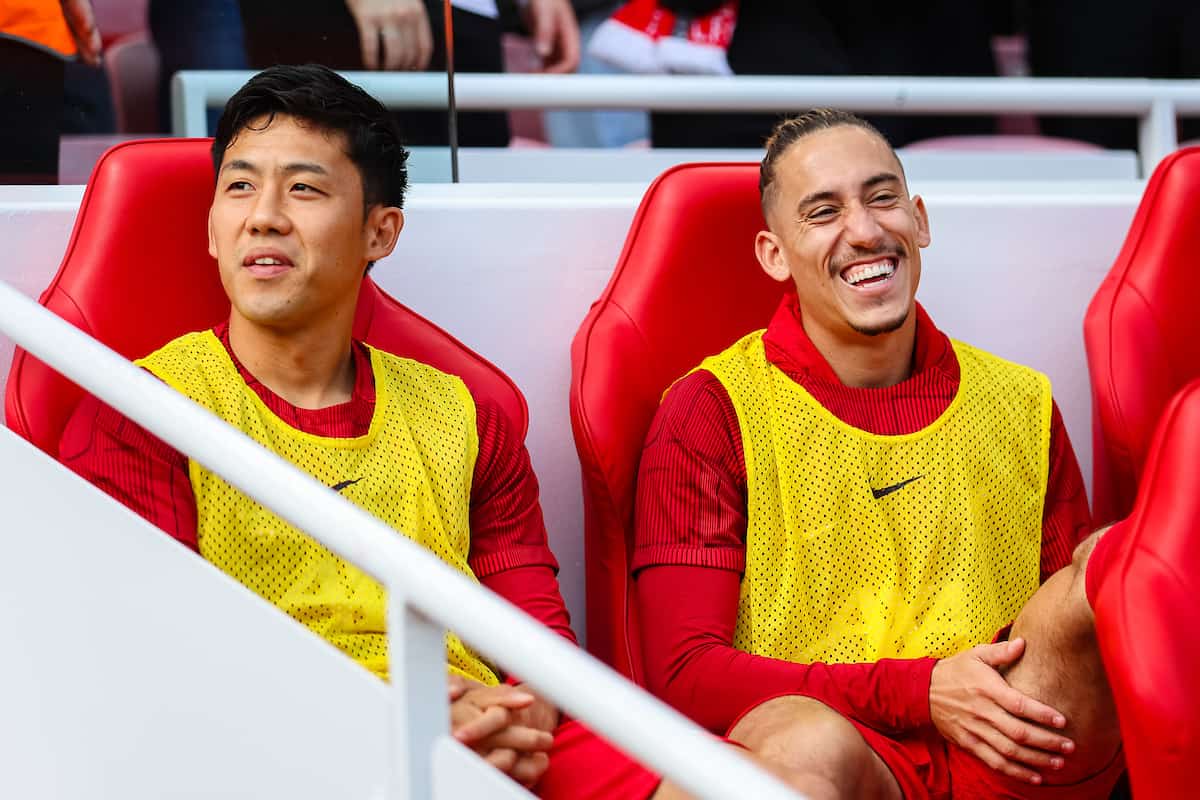 LIVERPOOL, ENGLAND - Saturday, August 19, 2023: Liverpool's Wataru End? (L) and Kostas Tsimikas during the FA Premier League match between Liverpool FC and AFC Bournemouth at Anfield. (Pic by David Rawcliffe/Propaganda)