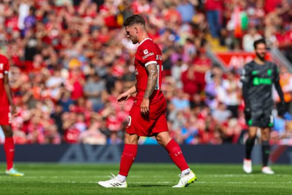 LIVERPOOL, ENGLAND - Saturday, August 19, 2023: Liverpool's Alexis Mac Allister is sent off after a high challenge on Bournemouth's Ryan Christie during the FA Premier League match between Liverpool FC and AFC Bournemouth at Anfield. (Pic by David Rawcliffe/Propaganda)