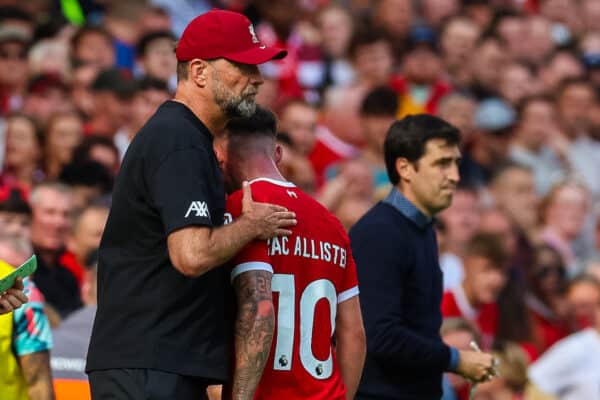 LIVERPOOL, ENGLAND - Saturday, August 19, 2023: Liverpool's Alexis Mac Allister is sent off after a high challenge on Bournemouth's Ryan Christie during the FA Premier League match between Liverpool FC and AFC Bournemouth at Anfield. (Pic by David Rawcliffe/Propaganda)