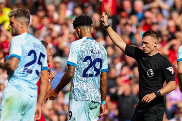 LIVERPOOL, ENGLAND - Saturday, August 19, 2023: Liverpool's Alexis Mac Allister (2nd L) is sent off by Referee Thomas Bramall after a high challenge on Bournemouth's Ryan Christie during the FA Premier League match between Liverpool FC and AFC Bournemouth at Anfield. (Pic by David Rawcliffe/Propaganda)