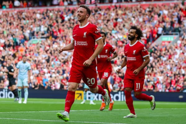 LIVERPOOL, ENGLAND - Saturday, August 19, 2023: Liverpool's Diogo Jota celebrates scoring their side's third goal during the FA Premier League match between Liverpool FC and AFC Bournemouth at Anfield. (Pic by David Rawcliffe/Propaganda)