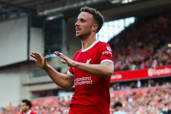 LIVERPOOL, ENGLAND - Saturday, August 19, 2023: Liverpool's Diogo Jota celebrates scoring their side's third goal during the FA Premier League match between Liverpool FC and AFC Bournemouth at Anfield. (Pic by David Rawcliffe/Propaganda)