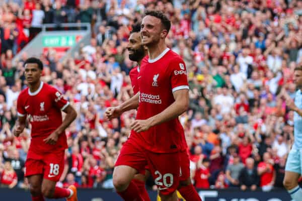 LIVERPOOL, ENGLAND - Saturday, August 19, 2023: Liverpool's Diogo Jota celebrates scoring their side's third goal during the FA Premier League match between Liverpool FC and AFC Bournemouth at Anfield. (Pic by David Rawcliffe/Propaganda)