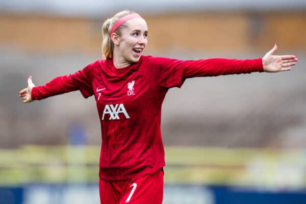 LIVERPOOL, ENGLAND - Sunday, November 27, 2022: Liverpool's Missy Bo Kearns during the pre-match warm-up before the FA Women's League Cup Group B match between Liverpool FC Women and Blackburn Rovers Ladies FC, at Prenton Park. (Pic by Jessica Hornby/Propaganda)