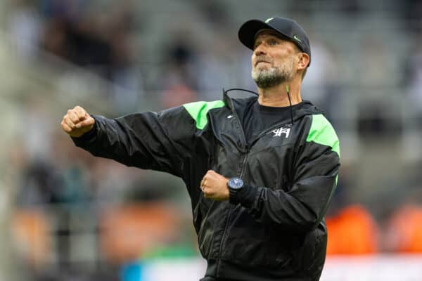 NEWCASTLE-UPON-TYNE, ENGLAND - Sunday, August 27, 2023: Liverpool's manager Jürgen Klopp celebrates at the final whistle during the FA Premier League match between Newcastle United FC and Liverpool FC at St James' Park. Liverpool won 2-1. (Pic by David Rawcliffe/Propaganda)