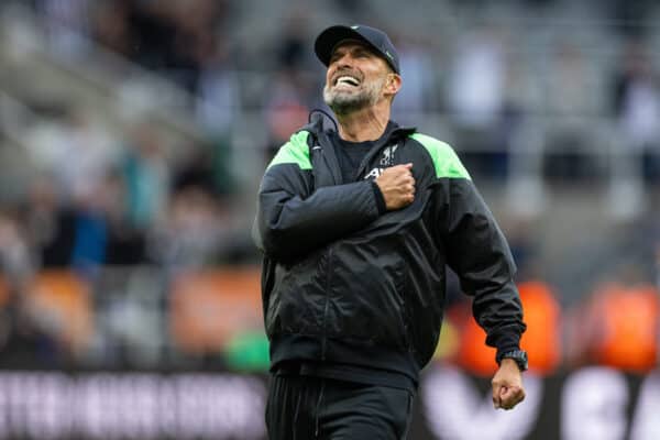 NEWCASTLE-UPON-TYNE, ENGLAND - Sunday, August 27, 2023: Liverpool's manager Jürgen Klopp celebrates at the final whistle during the FA Premier League match between Newcastle United FC and Liverpool FC at St James' Park. Liverpool won 2-1. (Pic by David Rawcliffe/Propaganda)