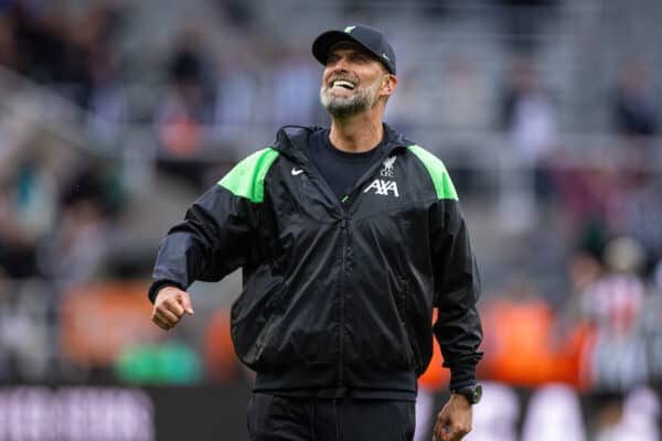 NEWCASTLE-UPON-TYNE, ENGLAND - Sunday, August 27, 2023: Liverpool's manager Jürgen Klopp celebrates at the final whistle during the FA Premier League match between Newcastle United FC and Liverpool FC at St James' Park. Liverpool won 2-1. (Pic by David Rawcliffe/Propaganda)