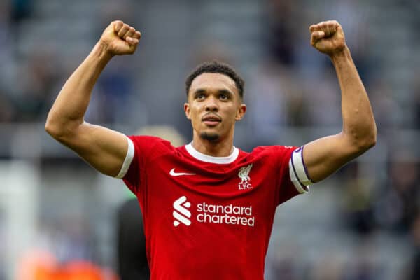 NEWCASTLE-UPON-TYNE, ENGLAND - Sunday, August 27, 2023: Liverpool's Trent Alexander-Arnold celebrates at the final whistle during the FA Premier League match between Newcastle United FC and Liverpool FC at St James' Park. Liverpool won 2-1. (Pic by David Rawcliffe/Propaganda)