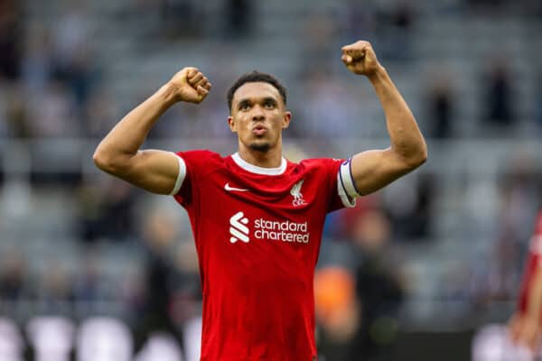 NEWCASTLE-UPON-TYNE, ENGLAND - Sunday, August 27, 2023: Liverpool's Trent Alexander-Arnold celebrates at the final whistle during the FA Premier League match between Newcastle United FC and Liverpool FC at St James' Park. Liverpool won 2-1. (Pic by David Rawcliffe/Propaganda)