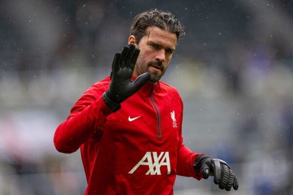 NEWCASTLE-UPON-TYNE, ENGLAND - Sunday, August 27, 2023: Liverpool's goalkeeper Alisson Becker during the pre-match warm-up before the FA Premier League match between Newcastle United FC and Liverpool FC at St James' Park. (Pic by David Rawcliffe/Propaganda)