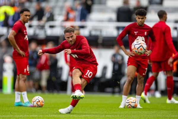 NEWCASTLE-UPON-TYNE, ENGLAND - Sunday, August 27, 2023: Liverpool's Alexis Mac Allister during the pre-match warm-up before the FA Premier League match between Newcastle United FC and Liverpool FC at St James' Park. (Pic by David Rawcliffe/Propaganda)