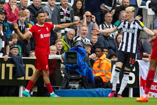 NEWCASTLE-UPON-TYNE, ENGLAND - Sunday, August 27, 2023: Liverpool's Trent Alexander-Arnold reacts after being shown a yellow card during the FA Premier League match between Newcastle United FC and Liverpool FC at St James' Park. (Pic by David Rawcliffe/Propaganda)