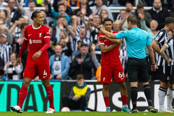 NEWCASTLE-UPON-TYNE, ENGLAND - Sunday, August 27, 2023: Liverpool's captain Virgil van Dijk walks off after being is shown a red card and sent off during the FA Premier League match between Newcastle United FC and Liverpool FC at St James' Park. (Pic by David Rawcliffe/Propaganda)