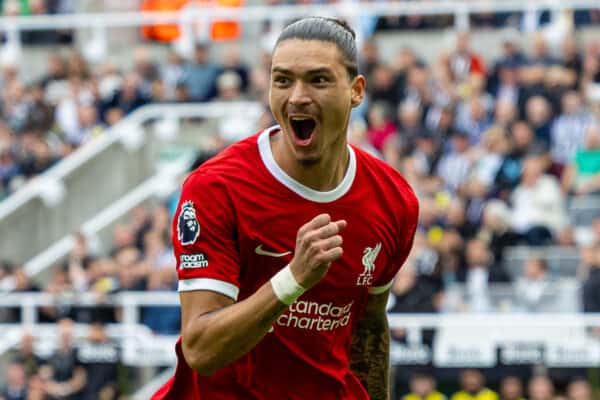 NEWCASTLE-UPON-TYNE, ENGLAND - Sunday, August 27, 2023: Liverpool's Darwin Núñez celebrates after scoring the first equalising goal during the FA Premier League match between Newcastle United FC and Liverpool FC at St James' Park. (Pic by David Rawcliffe/Propaganda)