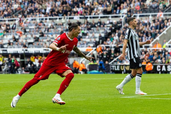 NEWCASTLE-UPON-TYNE, ENGLAND - Sunday, August 27, 2023: Liverpool's Darwin Núñez celebrates after scoring the first equalising goal during the FA Premier League match between Newcastle United FC and Liverpool FC at St James' Park. (Pic by David Rawcliffe/Propaganda)