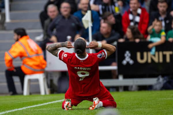 NEWCASTLE-UPON-TYNE, ENGLAND - Sunday, August 27, 2023: Liverpool's Darwin Núñez celebrates after scoring the first equalising goal during the FA Premier League match between Newcastle United FC and Liverpool FC at St James' Park. (Pic by David Rawcliffe/Propaganda)