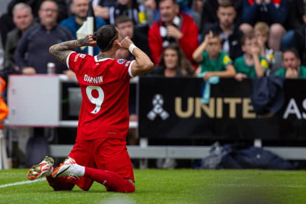 NEWCASTLE-UPON-TYNE, ENGLAND - Sunday, August 27, 2023: Liverpool's Darwin Núñez celebrates after scoring the first equalising goal during the FA Premier League match between Newcastle United FC and Liverpool FC at St James' Park. (Pic by David Rawcliffe/Propaganda)