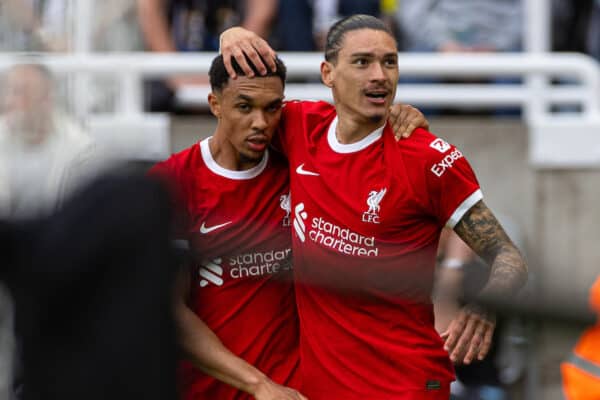 NEWCASTLE-UPON-TYNE, ENGLAND - Sunday, August 27, 2023: Liverpool's Darwin Núñez celebrates after scoring the first equalising goal during the FA Premier League match between Newcastle United FC and Liverpool FC at St James' Park. (Pic by David Rawcliffe/Propaganda)