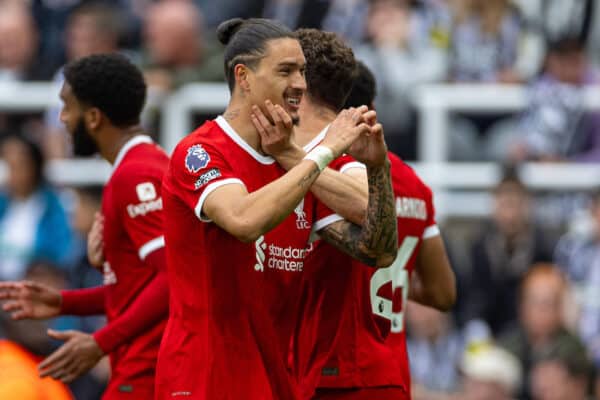 NEWCASTLE-UPON-TYNE, ENGLAND - Sunday, August 27, 2023: Liverpool's Darwin Núñez celebrates after scoring the first equalising goal during the FA Premier League match between Newcastle United FC and Liverpool FC at St James' Park. (Pic by David Rawcliffe/Propaganda)