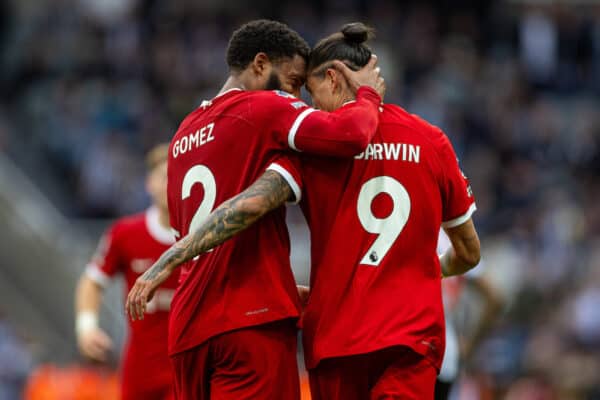 NEWCASTLE-UPON-TYNE, ENGLAND - Sunday, August 27, 2023: Liverpool's two-goal hero Darwin Núñez (R) celebrate with team-mate Joe Gomez after scoring the second goal during the FA Premier League match between Newcastle United FC and Liverpool FC at St James' Park. Liverpool won 2-1. (Pic by David Rawcliffe/Propaganda)