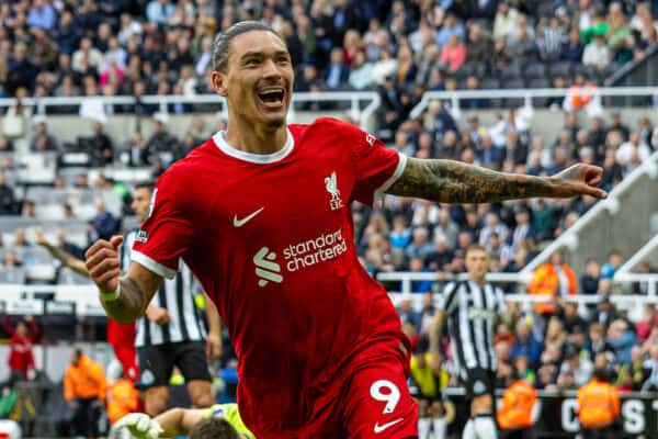 NEWCASTLE-UPON-TYNE, ENGLAND - Sunday, August 27, 2023: Liverpool's two-goal hero Darwin Núñez celebrates after scoring the second goal during the FA Premier League match between Newcastle United FC and Liverpool FC at St James' Park. Liverpool won 2-1. (Pic by David Rawcliffe/Propaganda)