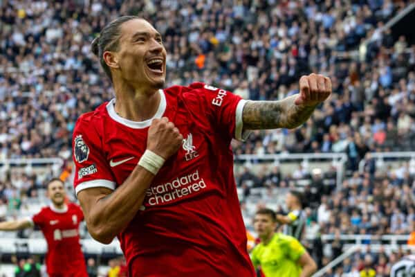 NEWCASTLE-UPON-TYNE, ENGLAND - Sunday, August 27, 2023: Liverpool's two-goal hero Darwin Núñez celebrates after scoring the second goal during the FA Premier League match between Newcastle United FC and Liverpool FC at St James' Park. Liverpool won 2-1. (Pic by David Rawcliffe/Propaganda)