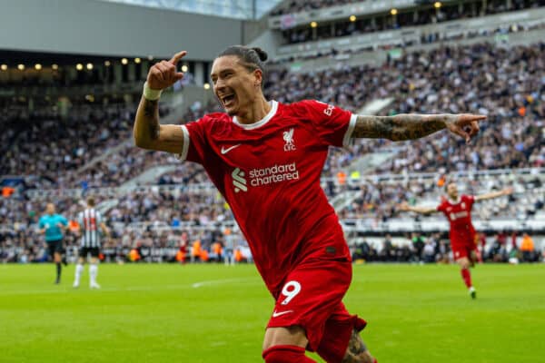 NEWCASTLE-UPON-TYNE, ENGLAND - Sunday, August 27, 2023: Liverpool's two-goal hero Darwin Núñez celebrates after scoring the second goal during the FA Premier League match between Newcastle United FC and Liverpool FC at St James' Park. Liverpool won 2-1. (Pic by David Rawcliffe/Propaganda)