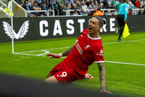 NEWCASTLE-UPON-TYNE, ENGLAND - Sunday, August 27, 2023: Liverpool's two-goal hero Darwin Núñez celebrates after scoring the second goal during the FA Premier League match between Newcastle United FC and Liverpool FC at St James' Park. Liverpool won 2-1. (Pic by David Rawcliffe/Propaganda)