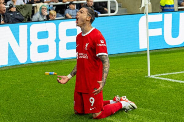 NEWCASTLE-UPON-TYNE, ENGLAND - Sunday, August 27, 2023: Liverpool's two-goal hero Darwin Núñez celebrates after scoring the second goal during the FA Premier League match between Newcastle United FC and Liverpool FC at St James' Park. Liverpool won 2-1. (Pic by David Rawcliffe/Propaganda)