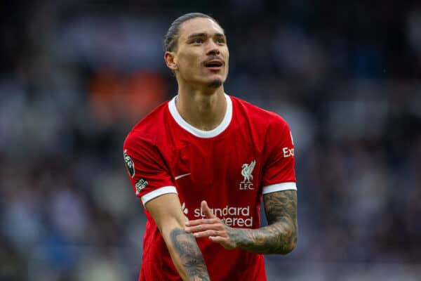 NEWCASTLE-UPON-TYNE, ENGLAND - Sunday, August 27, 2023: Liverpool's two-goal hero Darwin Núñez celebrates after scoring the second goal during the FA Premier League match between Newcastle United FC and Liverpool FC at St James' Park. Liverpool won 2-1. (Pic by David Rawcliffe/Propaganda)