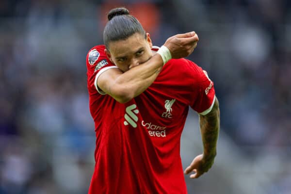 NEWCASTLE-UPON-TYNE, ENGLAND - Sunday, August 27, 2023: Liverpool's two-goal hero Darwin Núñez celebrates after scoring the second goal during the FA Premier League match between Newcastle United FC and Liverpool FC at St James' Park. Liverpool won 2-1. (Pic by David Rawcliffe/Propaganda)