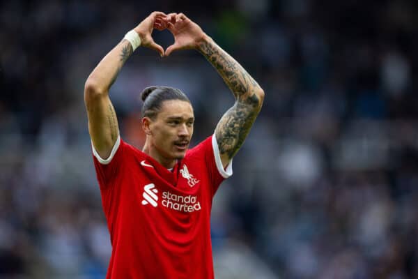 NEWCASTLE-UPON-TYNE, ENGLAND - Sunday, August 27, 2023: Liverpool's two-goal hero Darwin Núñez celebrates after scoring the second goal during the FA Premier League match between Newcastle United FC and Liverpool FC at St James' Park. Liverpool won 2-1. (Pic by David Rawcliffe/Propaganda)