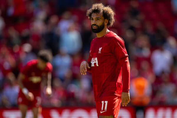 LIVERPOOL, ENGLAND - Saturday, September 2, 2023: Liverpool's Mohamed Salah during the pre-match warm-up before the FA Premier League match between Liverpool FC and Aston Villa FC at Anfield. (Pic by David Rawcliffe/Propaganda)