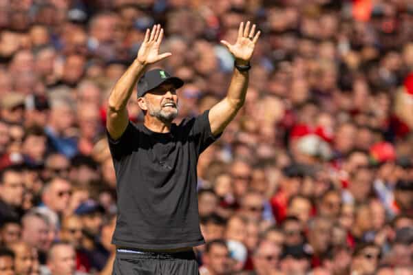 LIVERPOOL, ENGLAND - Saturday, September 2, 2023: Liverpool's manager Jürgen Klopp during the FA Premier League match between Liverpool FC and Aston Villa FC at Anfield. (Pic by David Rawcliffe/Propaganda)