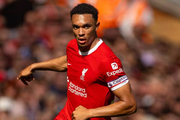 LIVERPOOL, ENGLAND - Saturday, September 2, 2023: Liverpool's Trent Alexander-Arnold during the FA Premier League match between Liverpool FC and Aston Villa FC at Anfield. (Pic by David Rawcliffe/Propaganda)