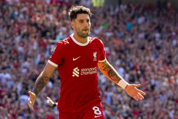 LIVERPOOL, ENGLAND - Saturday, September 2, 2023: Liverpool's Dominik Szoboszlai celebrates after scoring the first goal during the FA Premier League match between Liverpool FC and Aston Villa FC at Anfield. (Pic by David Rawcliffe/Propaganda)