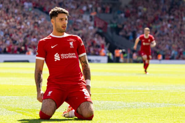 LIVERPOOL, ENGLAND - Saturday, September 2, 2023: Liverpool's Dominik Szoboszlai celebrates after scoring the first goal during the FA Premier League match between Liverpool FC and Aston Villa FC at Anfield. (Pic by David Rawcliffe/Propaganda)