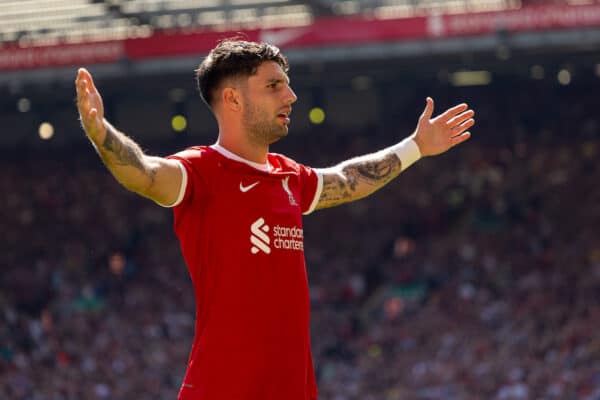 LIVERPOOL, ENGLAND - Saturday, September 2, 2023: Liverpool's Dominik Szoboszlai celebrates after scoring the first goal during the FA Premier League match between Liverpool FC and Aston Villa FC at Anfield. (Pic by David Rawcliffe/Propaganda)