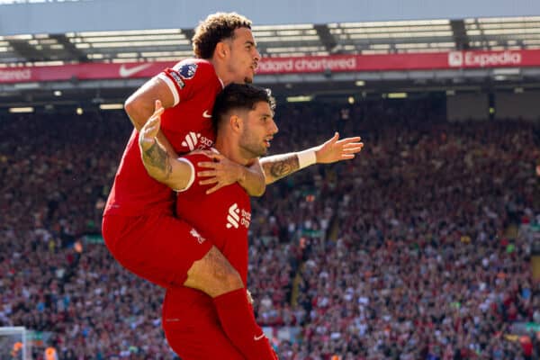 LIVERPOOL, ENGLAND - Saturday, September 2, 2023: Liverpool's Dominik Szoboszlai celebrates after scoring the first goal during the FA Premier League match between Liverpool FC and Aston Villa FC at Anfield. (Pic by David Rawcliffe/Propaganda)